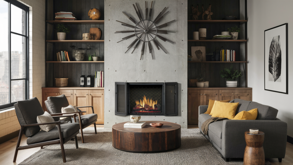 A gas fireplace with metal grills, vented sides, and an exposed metal structure