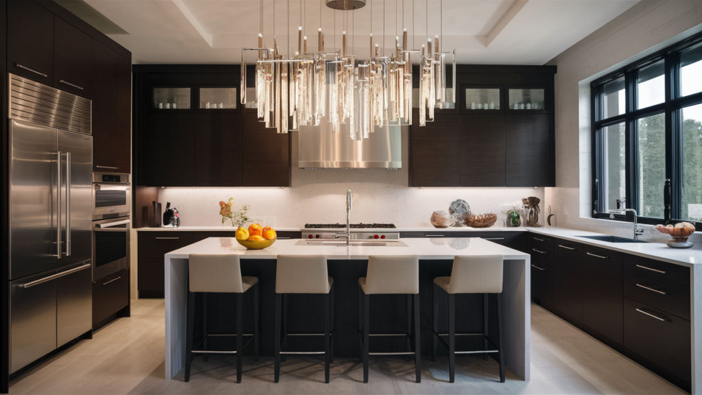 A Glamorous Chandelier With Sleek Lines And Modern Materials