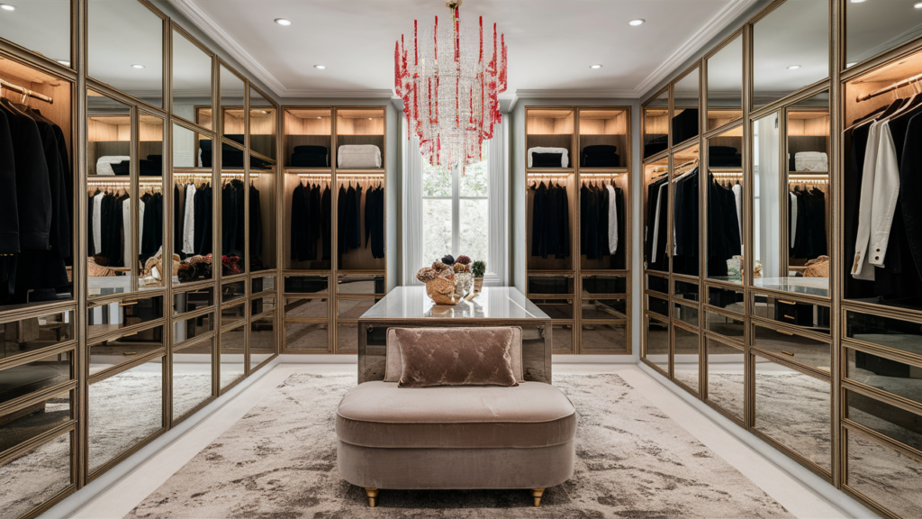 A Glamorous Walk-in Closet With Mirrored Walls