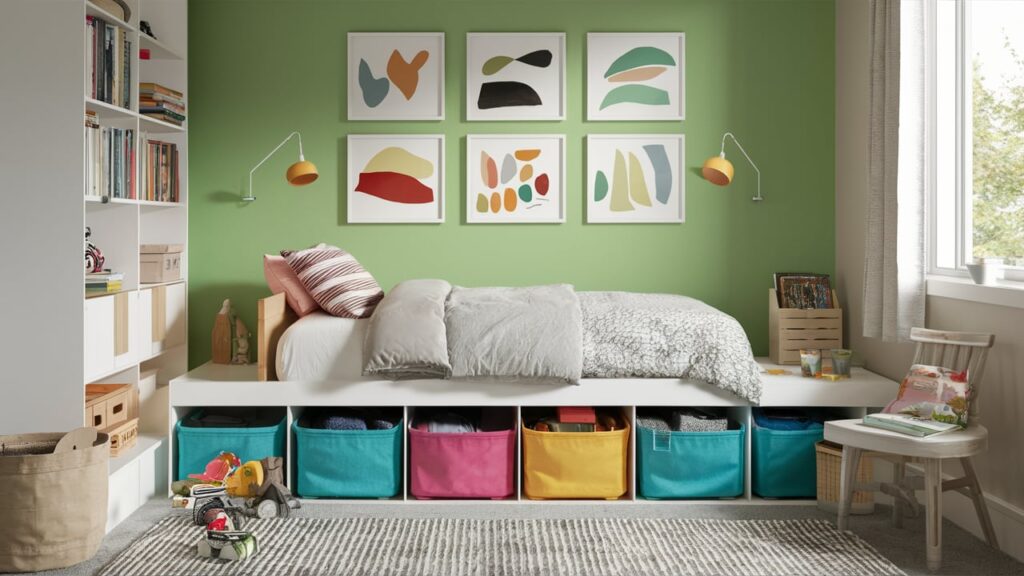 A Kid’s Room With Colorful Under-bed Storage Bins