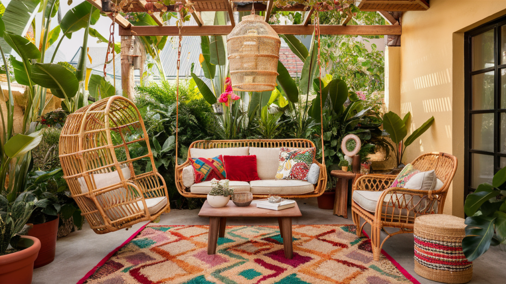 A Laid-back Patio Featuring Swinging Rattan Chairs