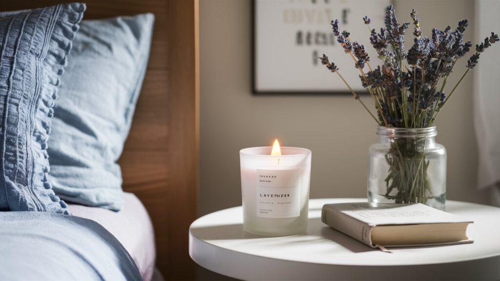 A Lavender-scented Candle In A Frosted Glass Jar