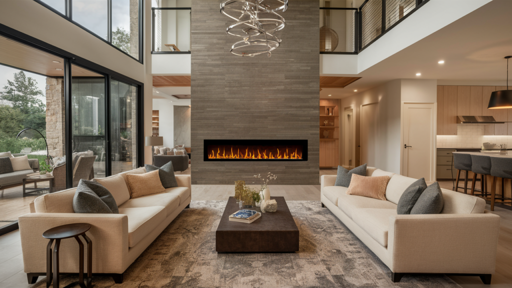 A Long, Linear Electric Fireplace Set In A Spacious, Open-plan Living Room