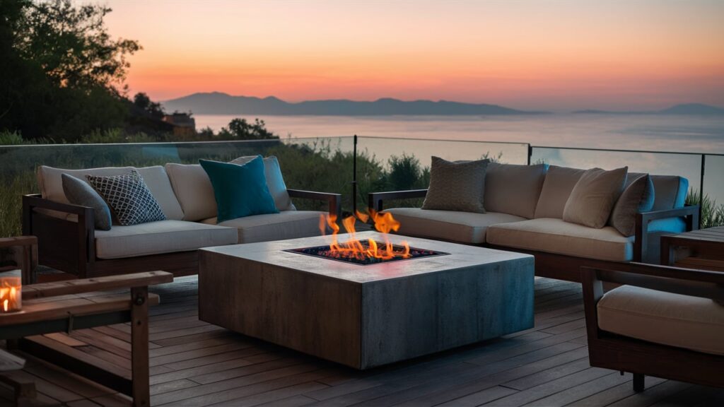 A low-profile, open flame fire pit with an industrial metal base