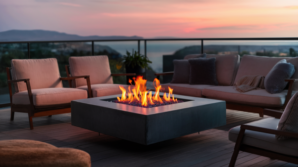 A low-profile, open flame fire pit with an industrial metal base