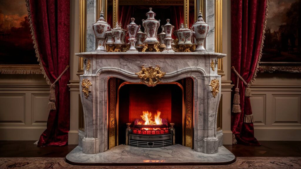 A Luxurious And Opulent Marble Fireplace Takes Center Stage