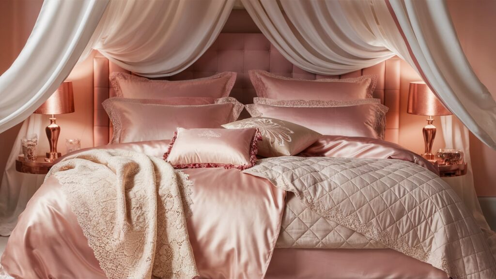 A luxurious and romantic bedroom setup, featuring a soft blush