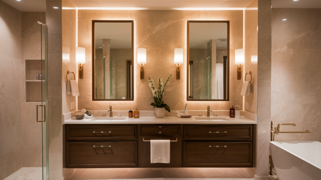 A Luxurious Bathroom With Backlit Mirrors Emitting A Sofa