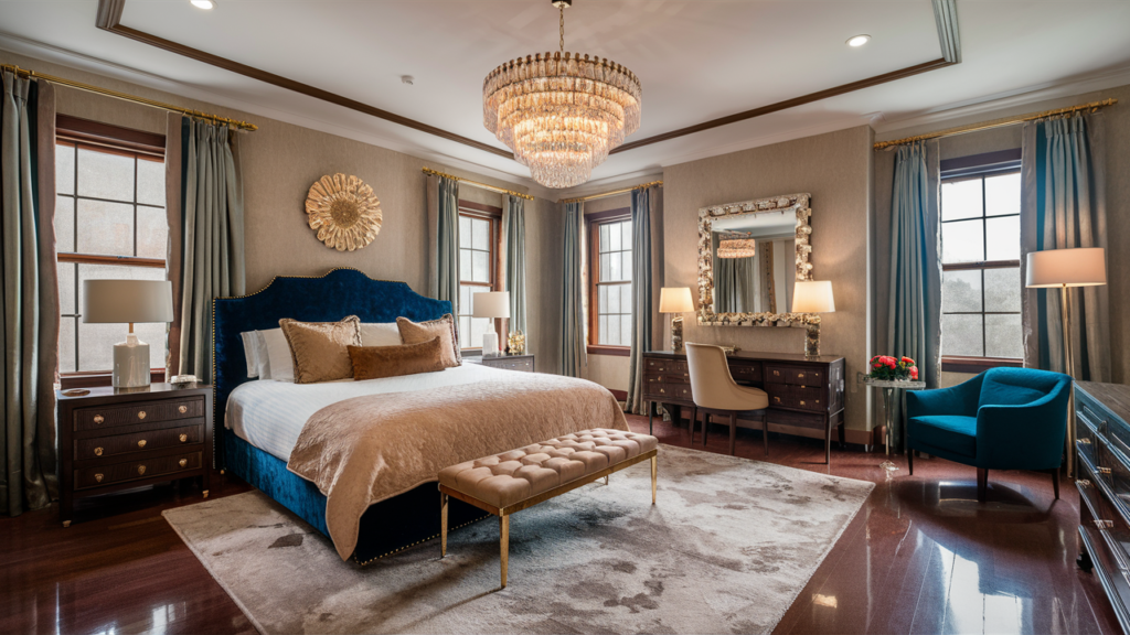 A luxurious guest room featuring glossy hardwood floors