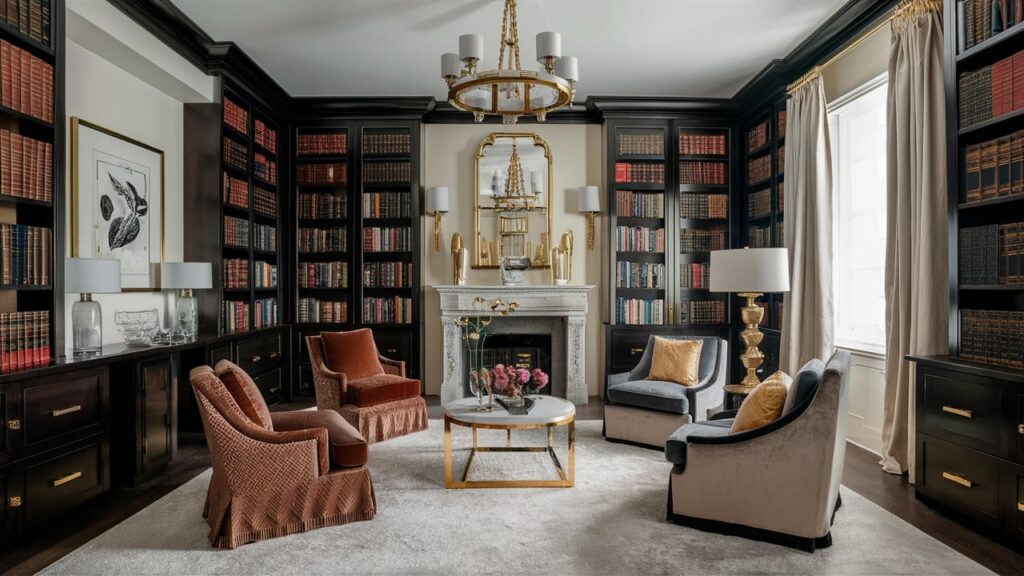 A Luxurious Guest Room With A Sophisticated Library Corner