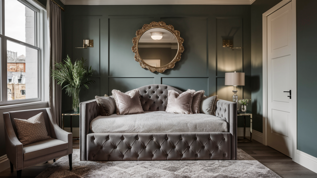 A Luxurious Guest Room With A Tufted Velvet Daybed