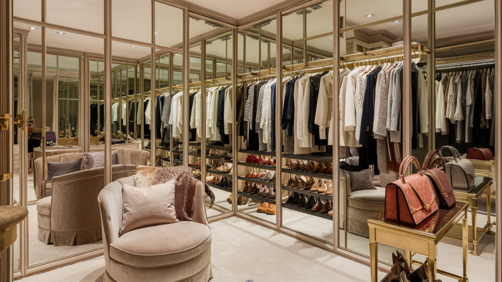 A Luxurious, High-end Walk-in Closet With Mirrored Walls