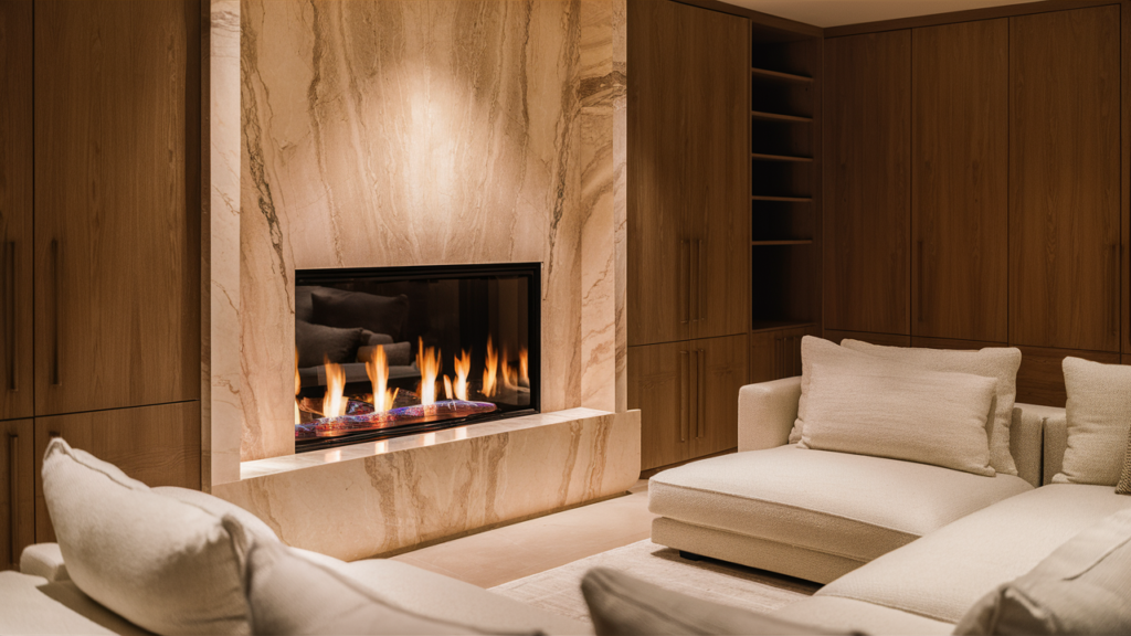 A Luxurious Living Space Showcases An Exquisite Built-in Fireplace