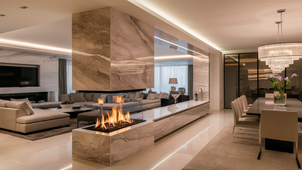 A luxurious, modern living space features a stunning two-sided fireplace