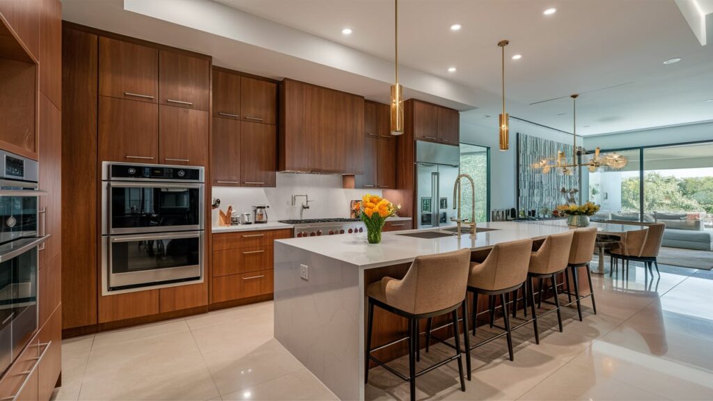 A luxury kitchen with a built-in oven and matching refrigerator