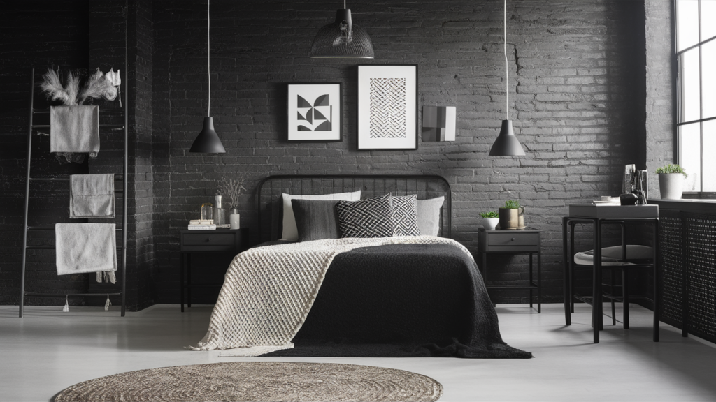 A Minimalist Black Metal Bedside Table With A Modern Geometric Lamp