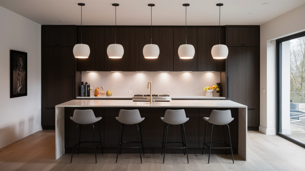 A minimalist kitchen with dimmer switches on pendant lights