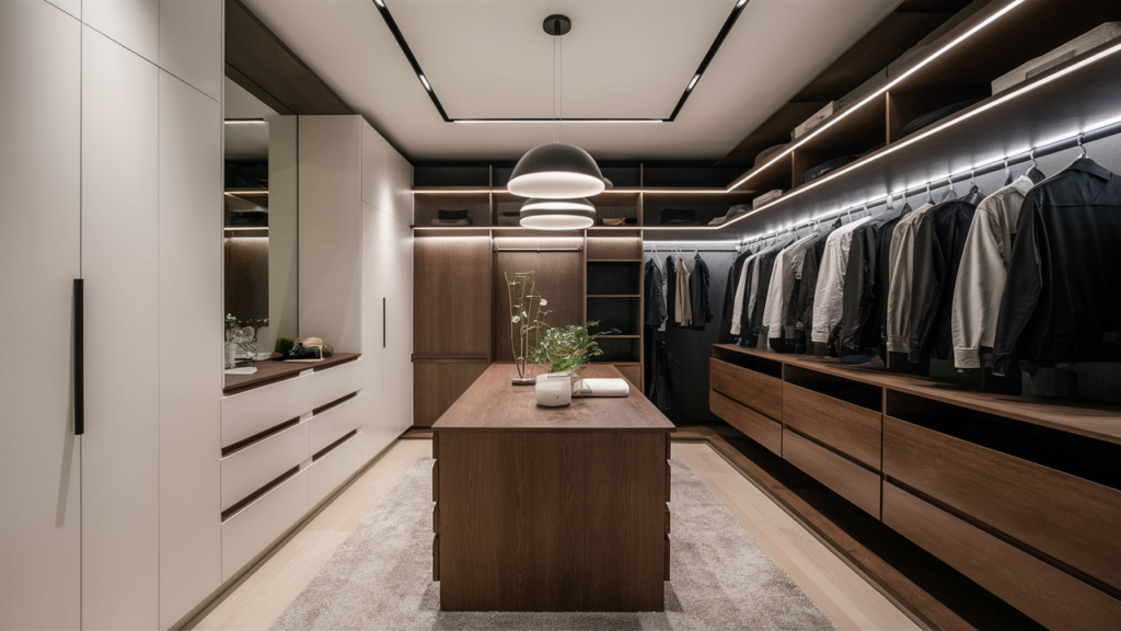 A Minimalist Walk-in Closet Featuring Sleek White Cabinetry