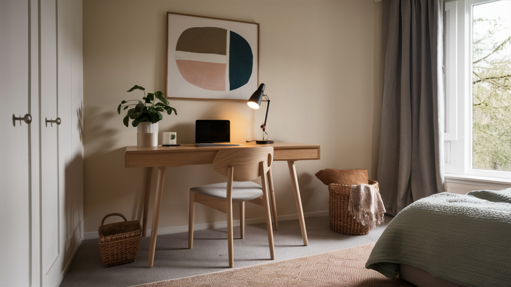 A Minimalist Wooden Desk With Slim Legs, Paired With A Comfortable Chair