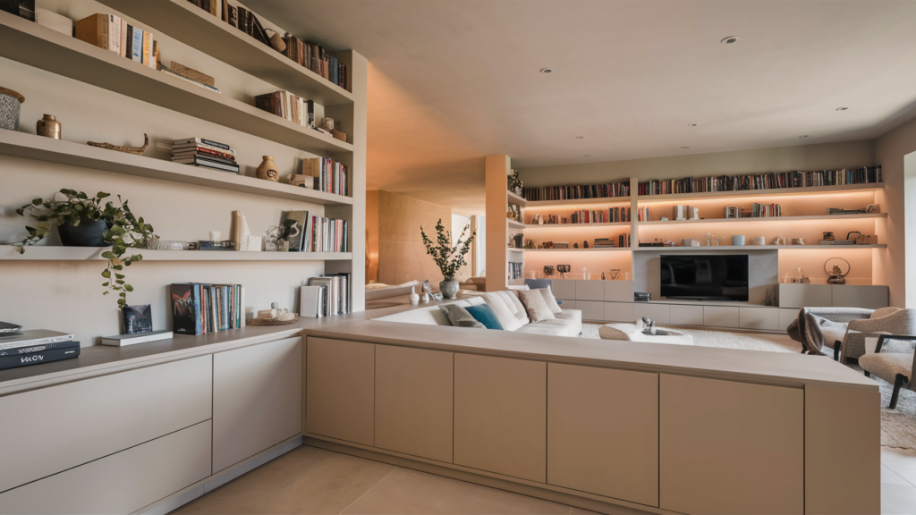 A modern and stylish living room with floating shelves