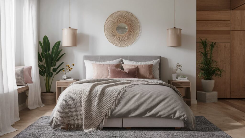 A modern bedroom with layered white cotton sheet