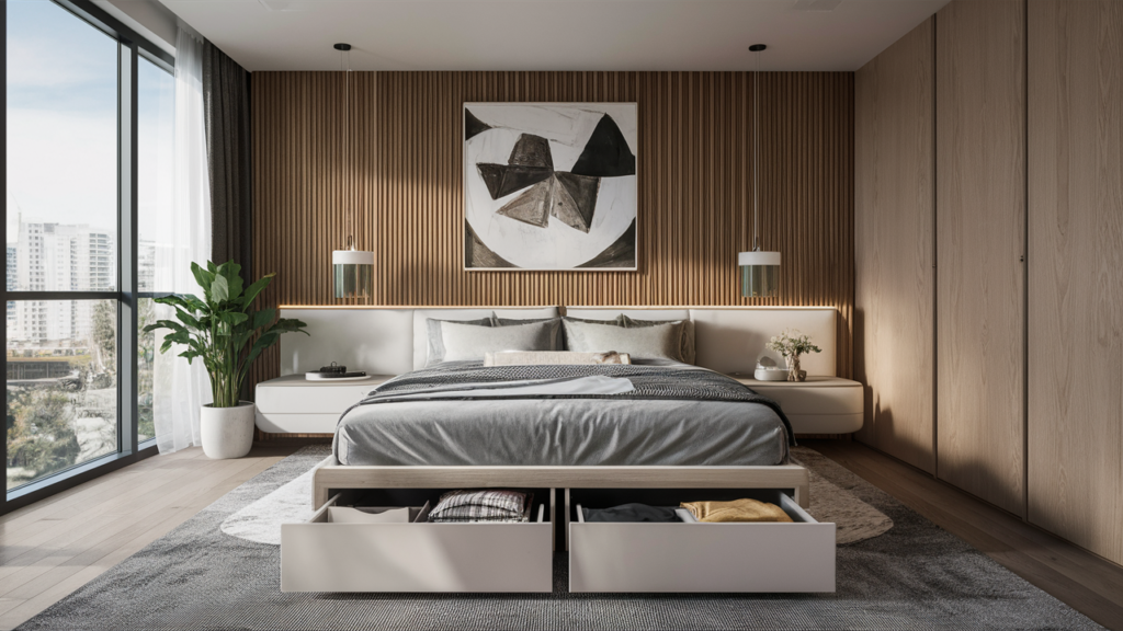 A Modern Bedroom With Sleek Under-bed Drawers In White Wood