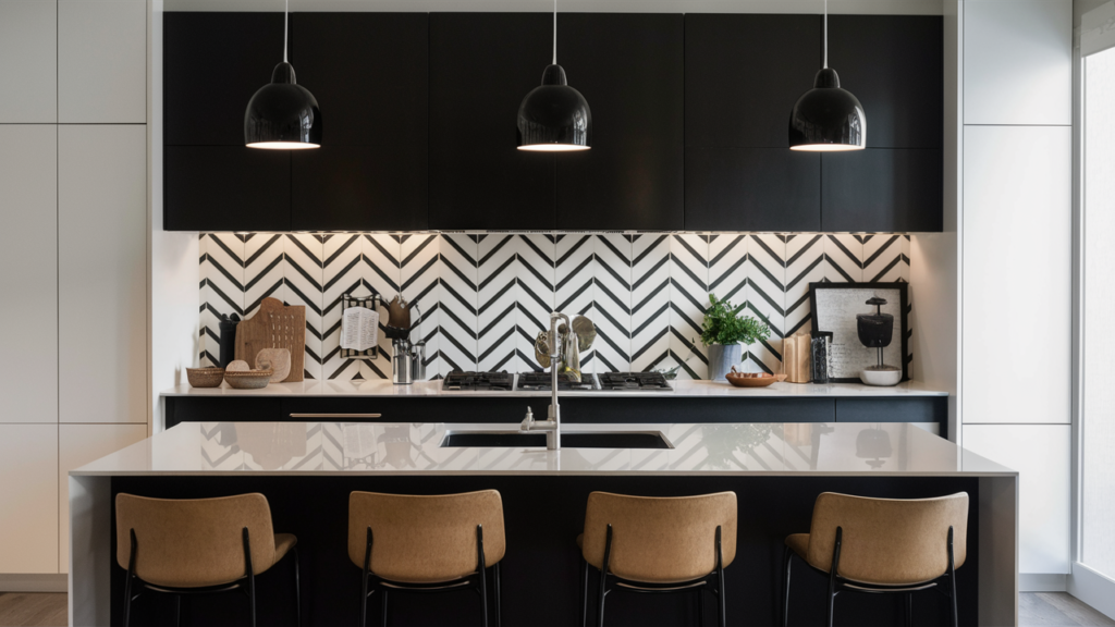 A modern black-and-white chevron backsplash in a sleek