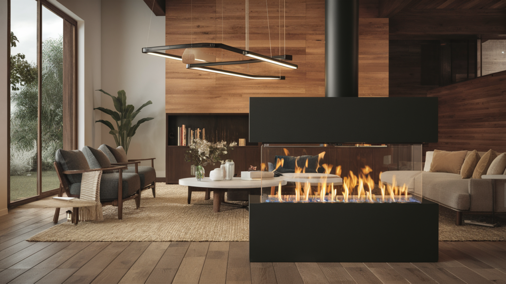 A modern, freestanding fireplace with an open design