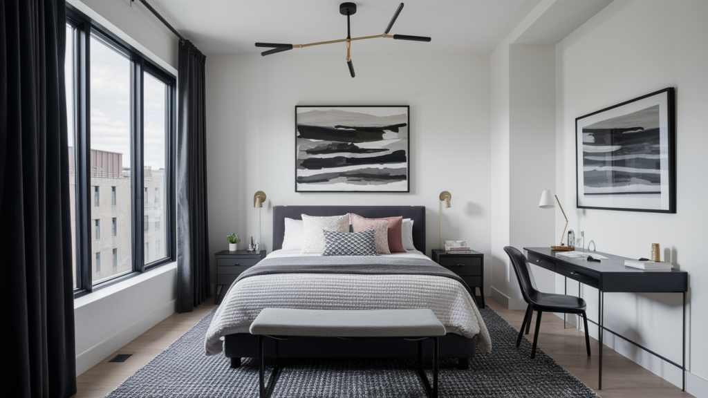 A Modern Guest Room Featuring Floor-length Blackout Curtains