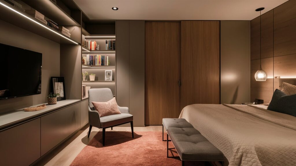 A Modern Guest Room With A Sleek Library Corner