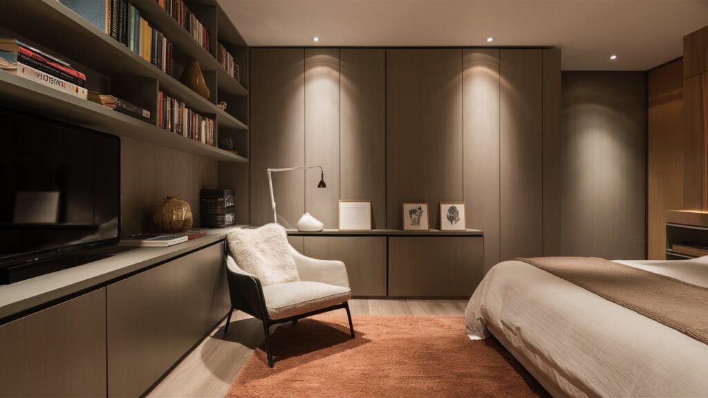 A Modern Guest Room With A Sleek Library Corner, Featuring Built-in Shelves