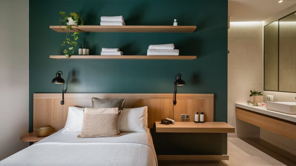 A Modern Guest Room With Floating Wooden Shelves