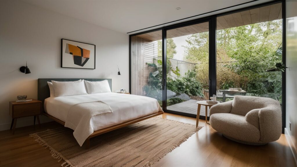 A modern guest room with polished hardwood floors