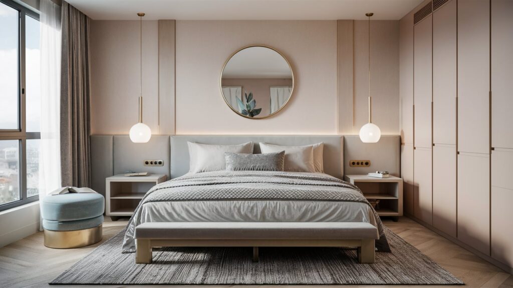 A modern guest room with soft pastel tones