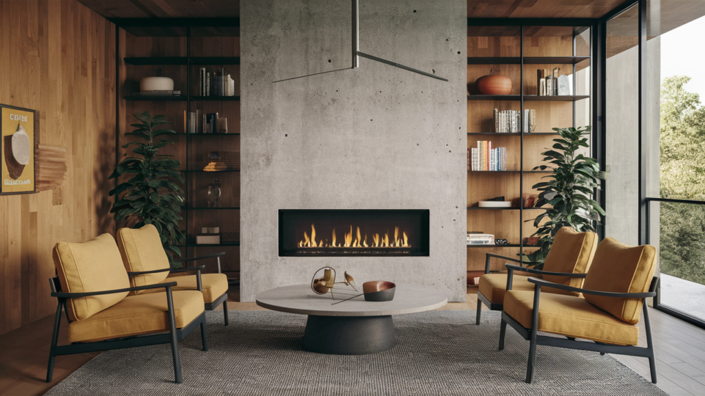 A Modern Industrial Fireplace Featuring A Concrete Surround Paired With Metal