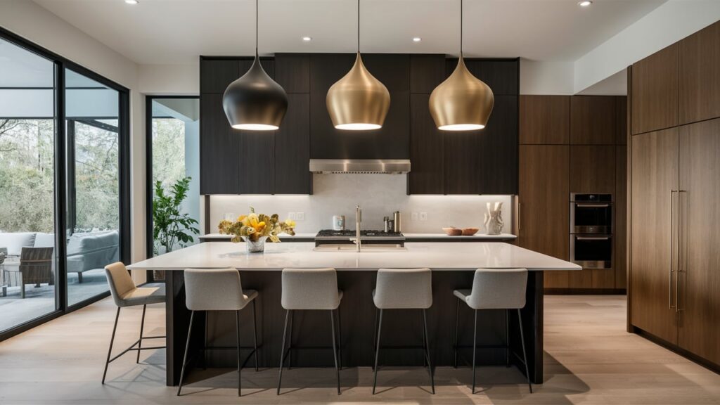 A Modern Kitchen Featuring Oversized Pendant Lights In Matte Black