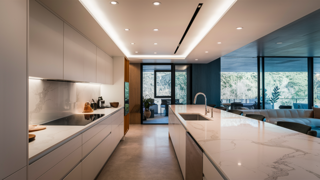 A modern kitchen with sleek white cabinets