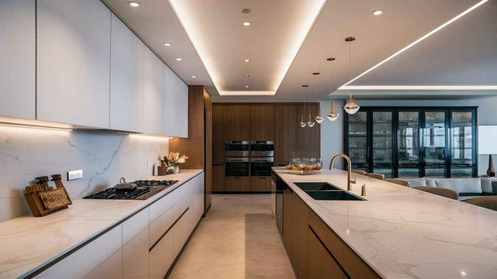 A modern kitchen with sleek white cabinets, marble countertops