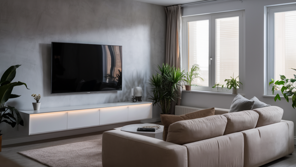 A Modern Living Room Featuring A Sleek 55-inch Smart Tv Mounted