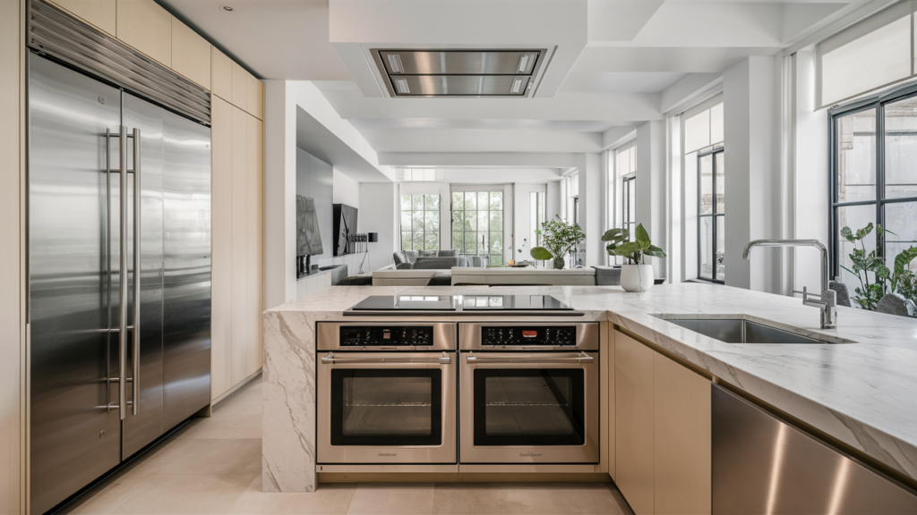 A modern, stylish kitchen featuring a sleek double built-in oven