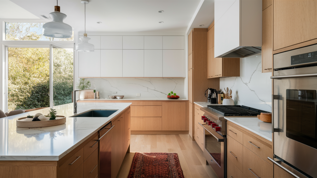 A modern white and wood kitchen with light oak cabinets