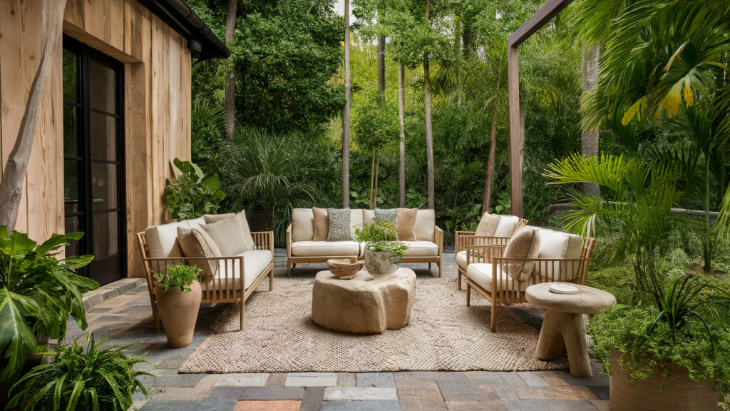 A Patio Featuring Furniture Made From Reclaimed Wood