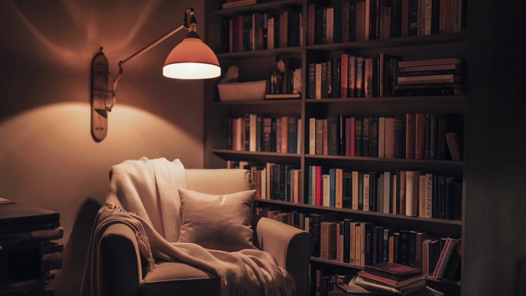 A Reading Nook With A Warm-toned Swing-arm Wall Lamp