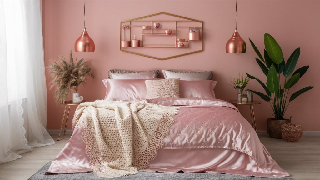 A romantic bedroom setup with blush pink layers