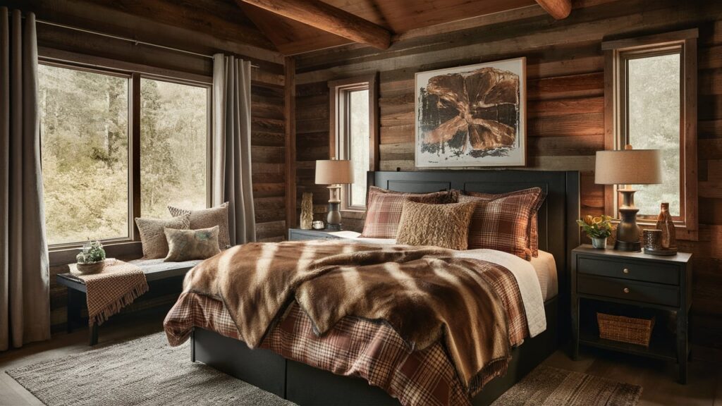 A rustic cabin bedroom with flannel sheets in plaid patterns