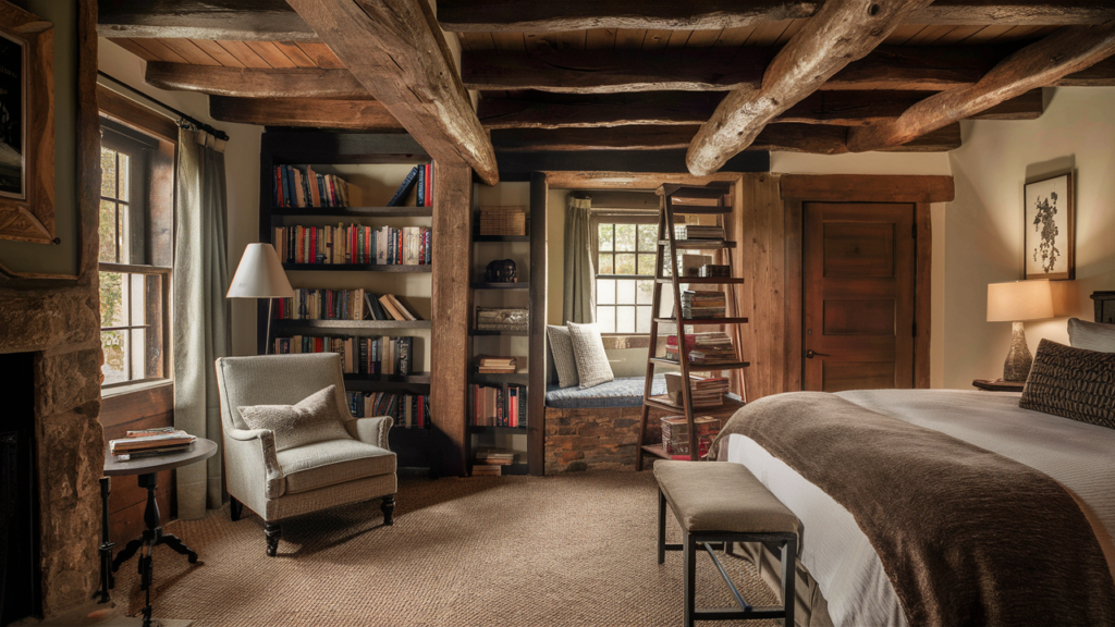 A Rustic Guest Room With A Charming Library Corner