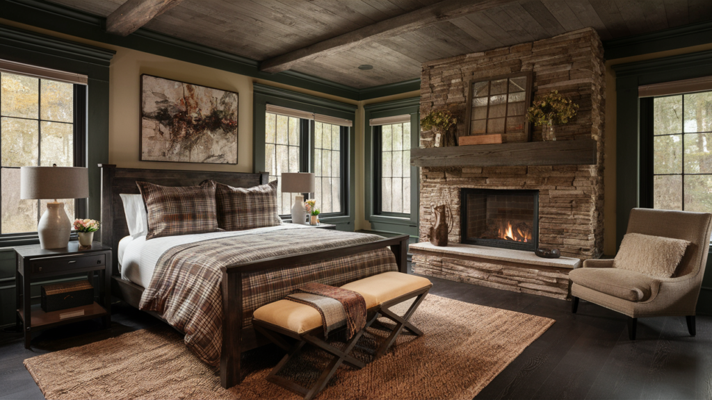 A rustic guest room with dark hardwood floors