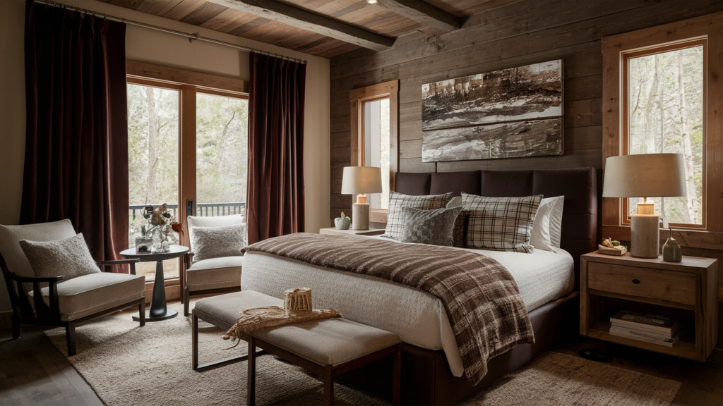 A Rustic Guest Room With Deep Brown Blackout Curtains