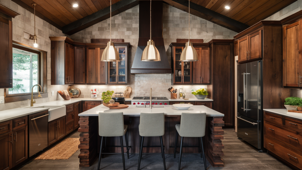 A Rustic Kitchen With Wooden Cabinets