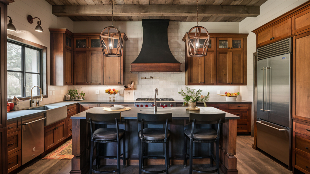 A Rustic Kitchen With Wooden Cabinets, An Energy-saving Range Hood